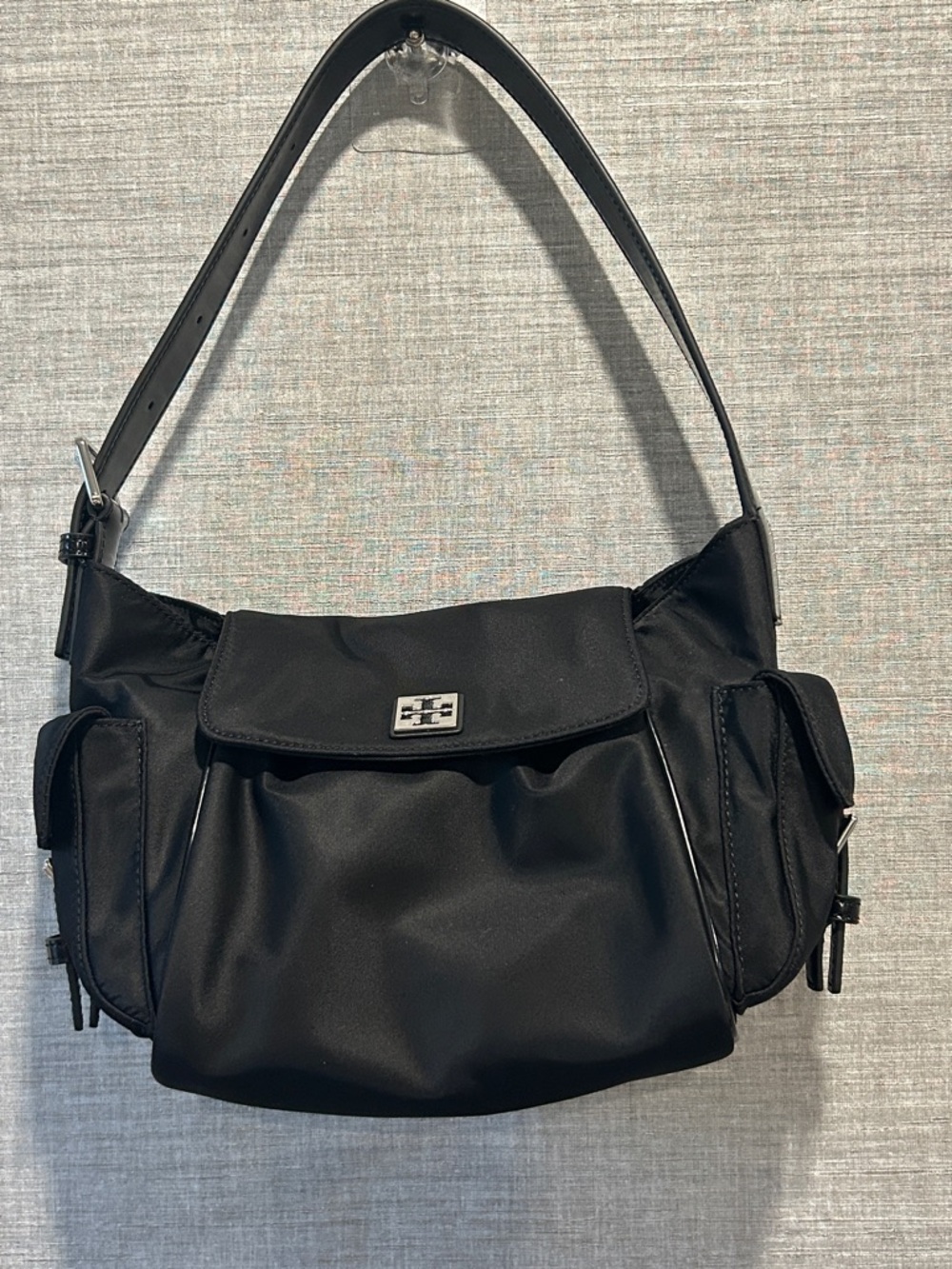 Tory Burch Black Nylon Shoulder Bag with Silver-Tone Logo